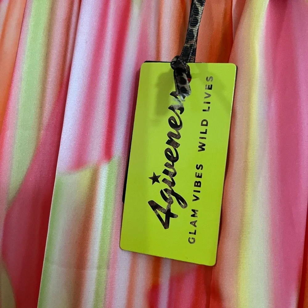 AGIVENESS Colorful Liquid Satin Maxi Kaftan Sun & Summer Flowy Sexy Dress M